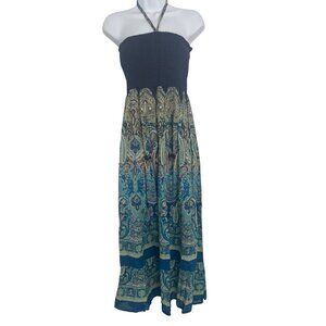 Earthbound Trading Co Boho Navy & Paisley Halter Maxi Dress Smocked Bodice